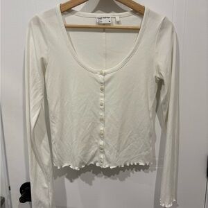 Frank & Oak Cream Button-Front Scoop Neck Long Sleeve Top
